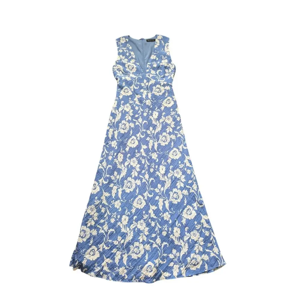 Abercrombie & Fitch Deep V-neck Maxi Dress Women XS Blue Floral Crinkle Romantic